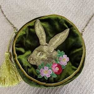 Rabbit Embroidered Velvet Green Purse